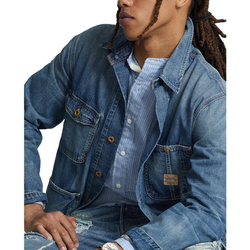 Polo Ralph Lauren FW22 Solid Color Washed Distressed Pocket Decorated Single-Breasted Casual Long Sleeve Denim Jacket Men jackets Blue MNPOOTW16020881