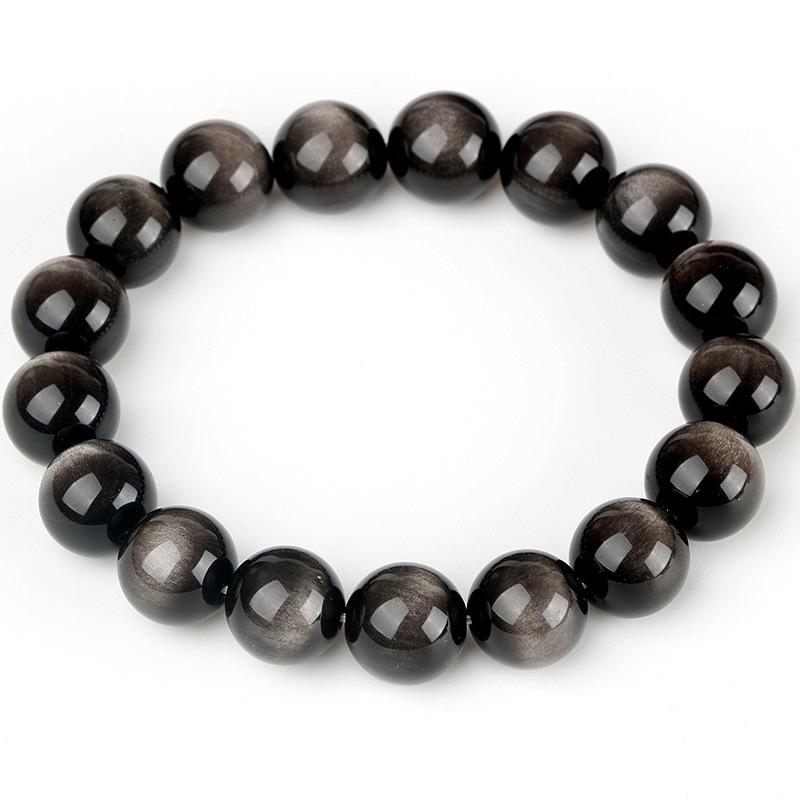 Double Eyed Beaded Silver Obsidian Bracelet Fashion Crystal Round Beads Hand String Jewelry