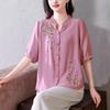 Fashion Embroidered Short Sleeved Cotton Linen Top Women's Summer Shirts New Loose Cardigan Blouse Mother V-Neck Shirt Blaus 4XL