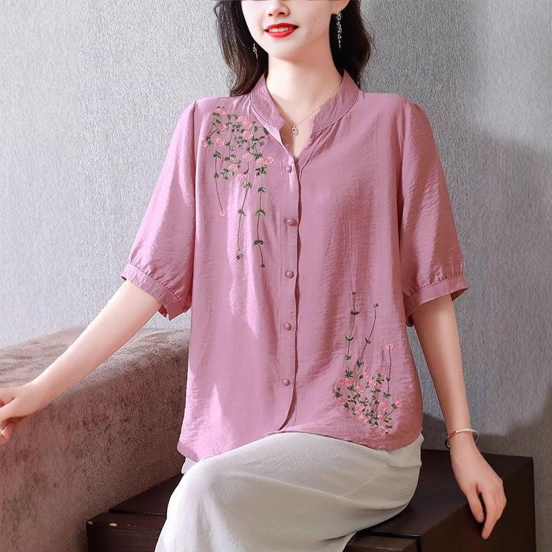 Fashion Embroidered Short Sleeved Cotton Linen Top Women's Summer Shirts New Loose Cardigan Blouse Mother V-Neck Shirt Blaus 4XL