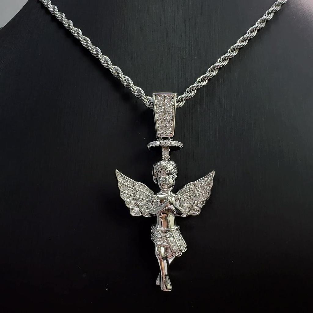 Halo Angel Boy Pendant Necklace With Wings Hip Hop Moissanite Jewelry D VVS1 Fine Jewelry For Men Women
