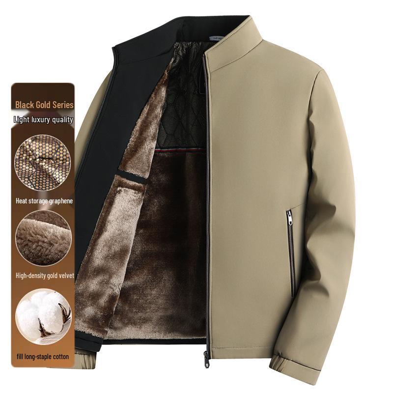 Herren Schwarz-Gold Baumwollgepolsterte Jacke mit Stehkragen und Samt-Graphen-Futter