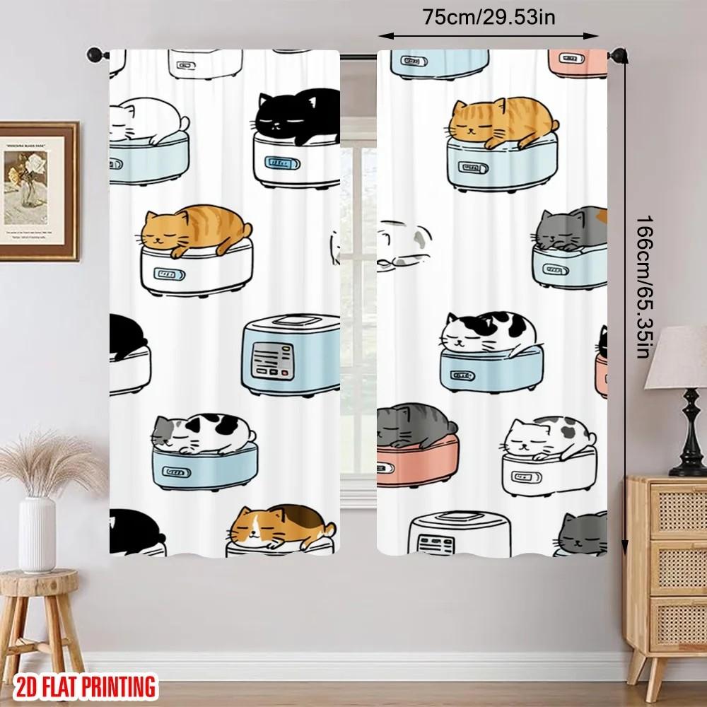 Set Of 2 Jit Cute Cat Print Curtains Polyester Living Room Window Decor Home Curtain Light Blocking With Rod Pocket Ideal For