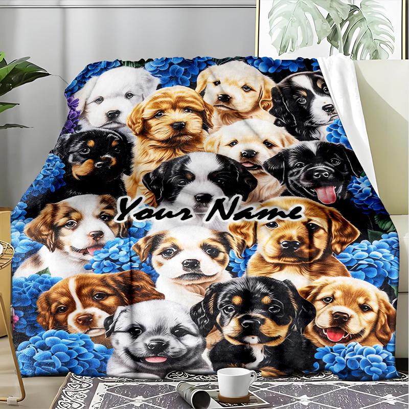 1PC Custom Name Puppies Blue Flowers Outdooor Flannel Blankets Patterns Throw Blanket All-Season Soft Gift for Couch, Bed, Camping Gifts