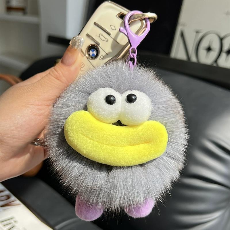 [Cute Big Mouth] Fox Hair Small Coal Ball Keychain Pendant, Pom-pom Doll, Doll Back Bag Pendant