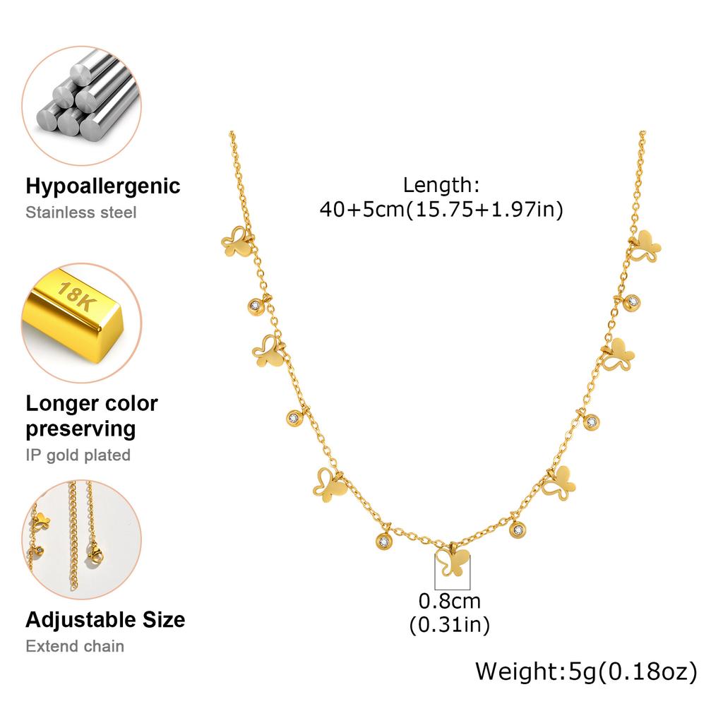 Stainless Steel Hollow Butterfly Zircon Necklace for Women,Gold Color Flat Rolo Chain Necklaces,Fashion Daily Party Jewelry Gift