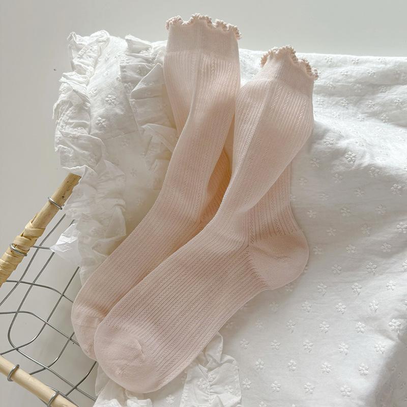 Women's White Ruffled Mesh Crew Socks - Breathable, Sweat-Absorbent, Solid Color, Trendy Summer Style