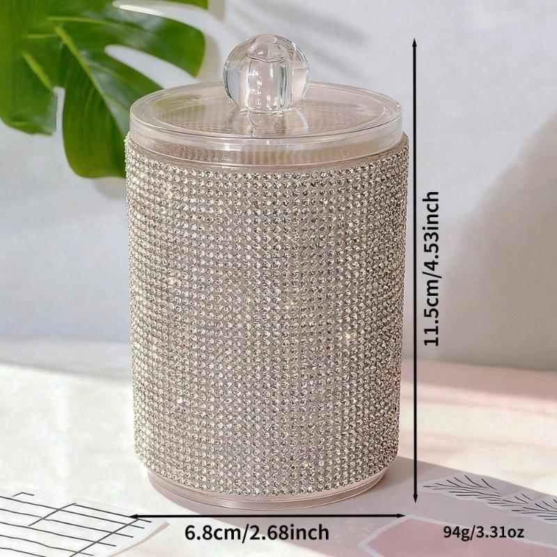 Diamond-Studded Cotton Swab Storage Jar, Decorative Bathroom Vanity Countertop Makeup Desk Storage Box