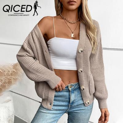Suéter de mujer de otoño e invierno, suelto, informal, de color liso, con cuello en V y una sola botonadura, de punto para mujer