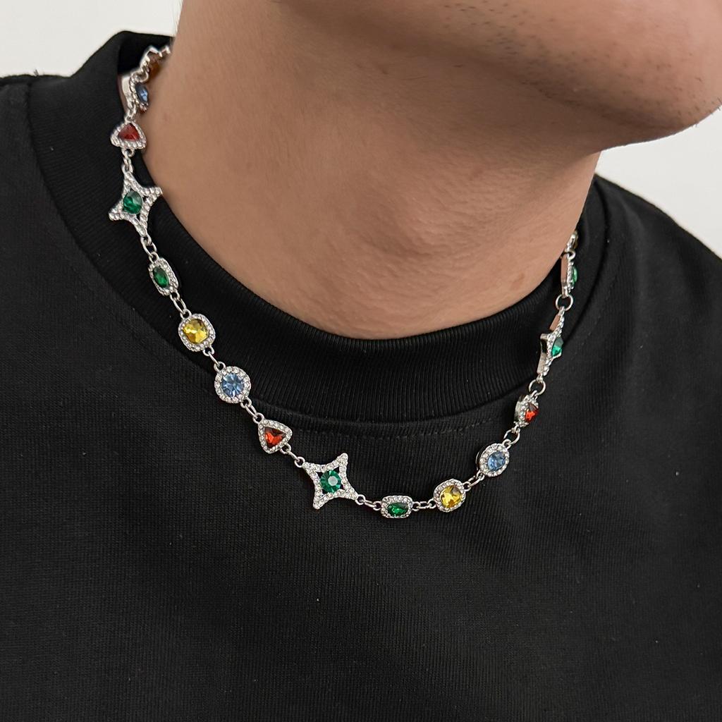 Vintage Colorful Gemstone Necklace for Men Trendy Light Luxury High-end Clavicle Chain Hip-hop Bracelet Men's Jewelry