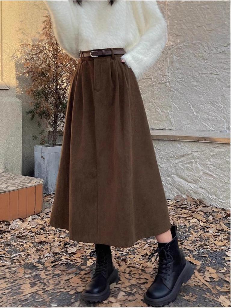 2025 Korean Style Women's High Waist Corduroy A-line Skirt – Autumn/Winter Retro Long Skirt with Large Hem and Slimming Fit