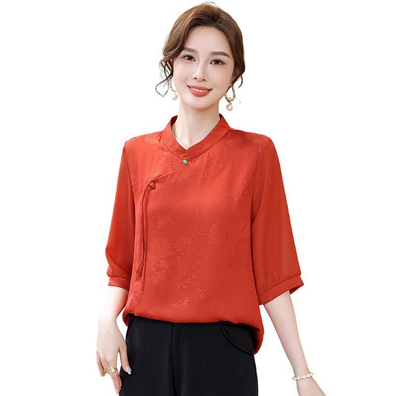 

Ретро атласная шифоновая блузка с рукавом средней длины для женщин среднего возраста XXXL (for 125-135 jin) оранжевый/красный