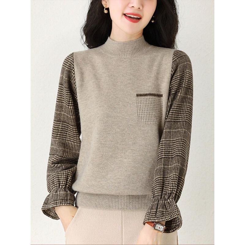 Autumn Winter Korean Version Fashionable Simple and Versatile Color Blocked Plaid Retro British Elastic Base Knitted Sweater Top for Women
