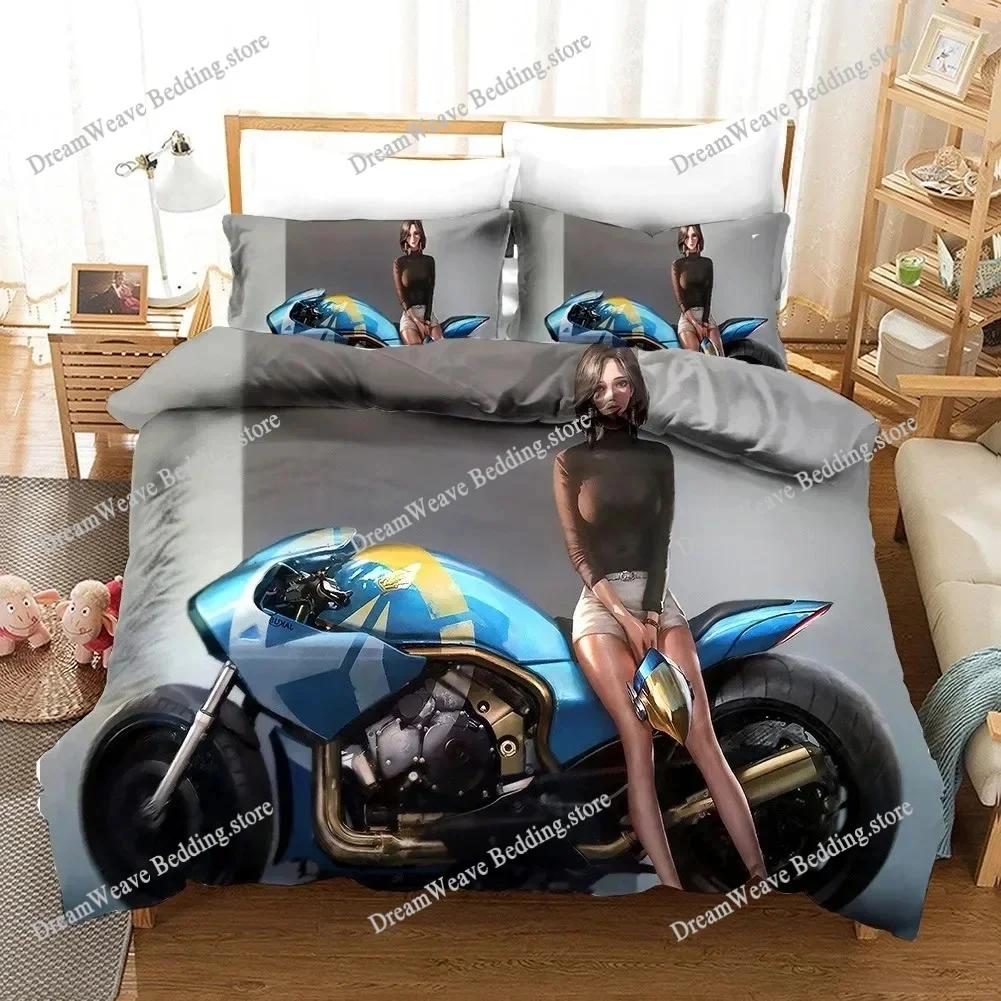 Sexy Girl Motocross Duvet Cover Extreme Sports Theme Bedding Set for Boys Teens Man Microfiber 3D Beauty Queen King Quilt Cover