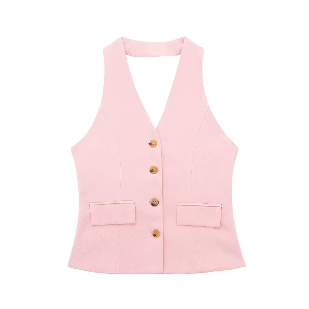 Women's Backless Halter Neck Vest, Pleated Wide Leg Pants