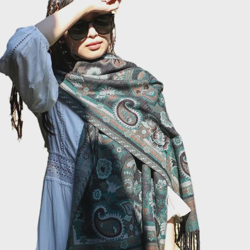 Ethnic Style Cashew Pattern Shawl Cloak Scarf: Imitation Cashmere, Thick, Dual-Purpose Women's Accessory for Autumn/Winter