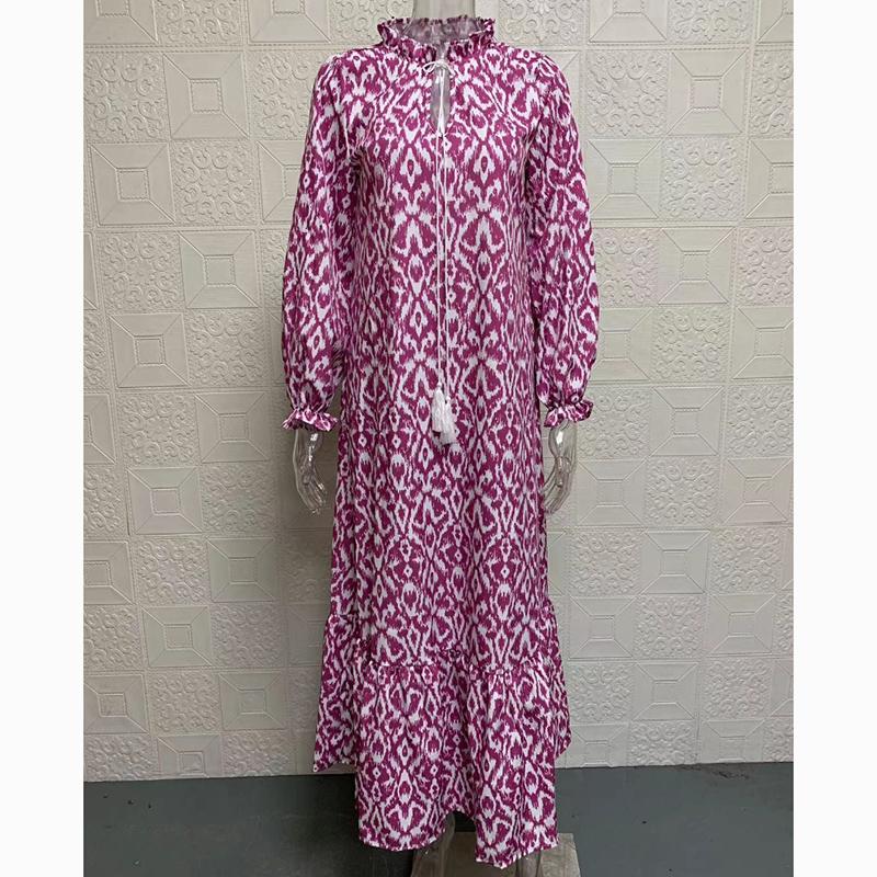 Elegante, lockere, bedruckte Freizeitkleider mit V-Ausschnitt für Damen, übergroßes langärmeliges Kleid für Damen, modisch, elegant, Vintage, Übergröße, Damenkleid 24220