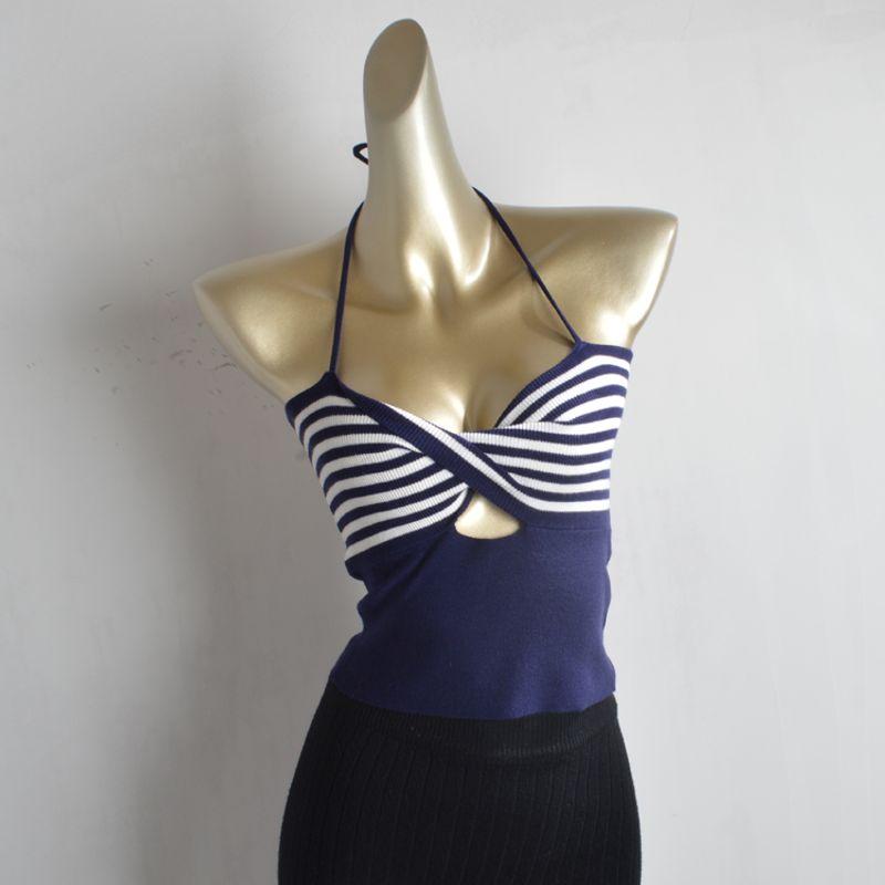 

Export Single Knitting Pure Desire Wind Sexy Sexy Stylish Scheming Cut Out Contrast Color Stripes Halter Spaghetti Straps Female Navy XL