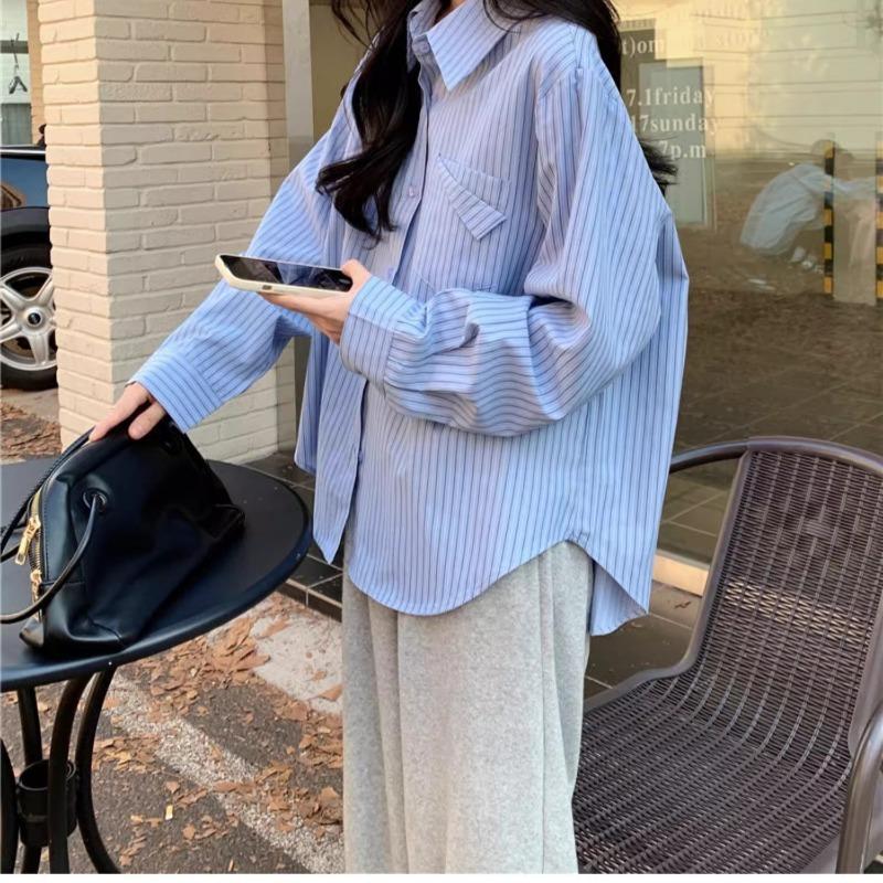 Woman Striped Blue Long Sleeved Shirt Single Breasted Minimalist Pocket Blue Blouse Korean Style Lapel Fashionable Women's Top