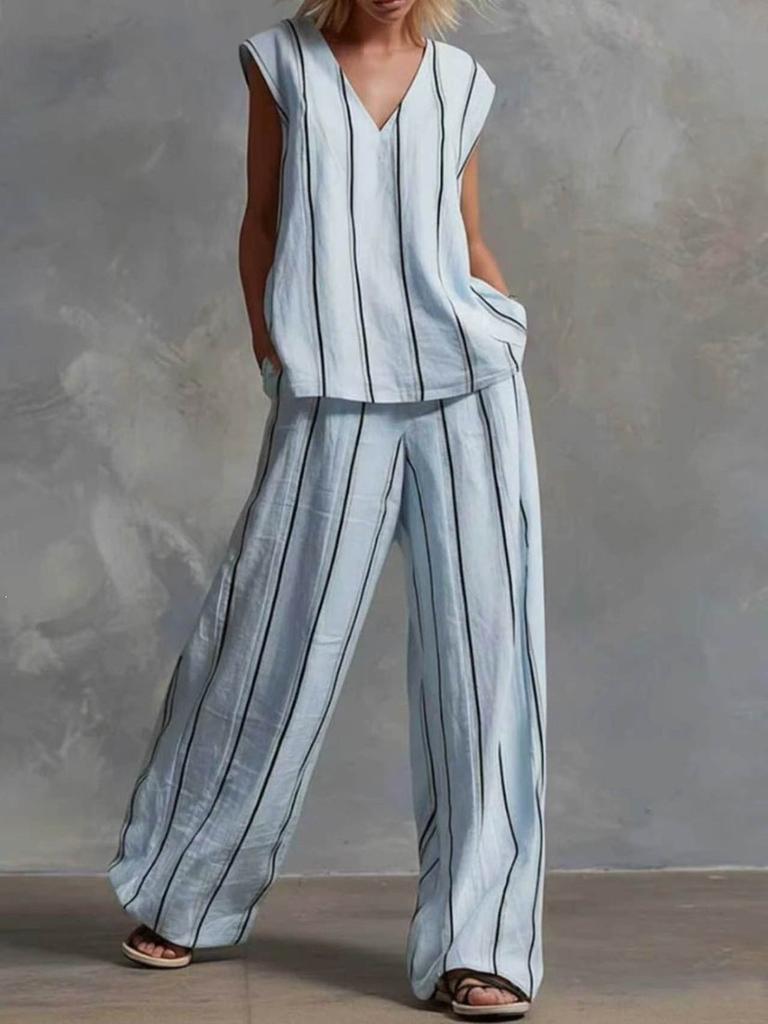 16 French minimalist black and white vertical stripes loose and thin women's suit wide-leg pants two-piece set
