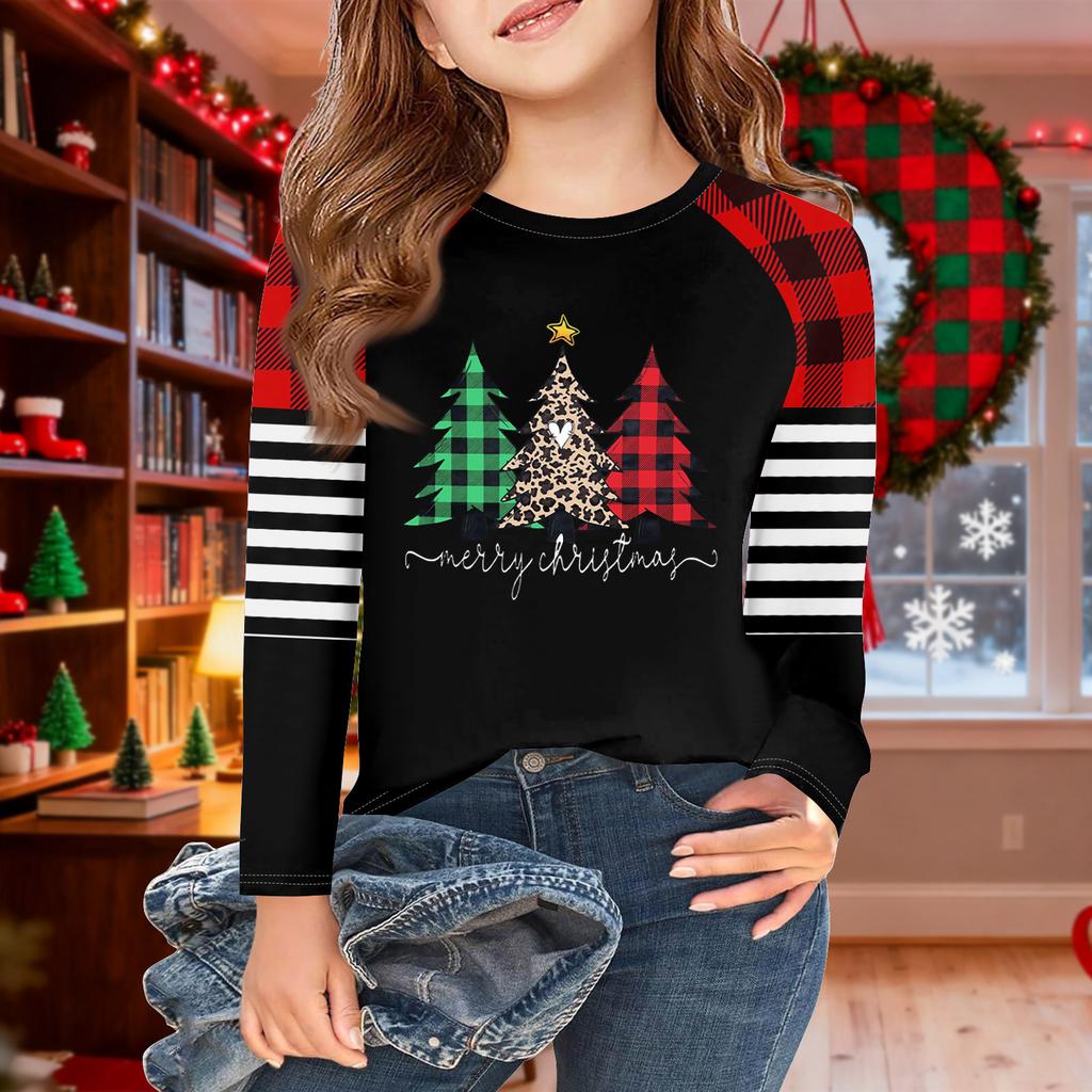 Girls Long Sleeve Christmas Day T Shirts Kids Fall Tops Crewneck Basic Tees 5-14Y