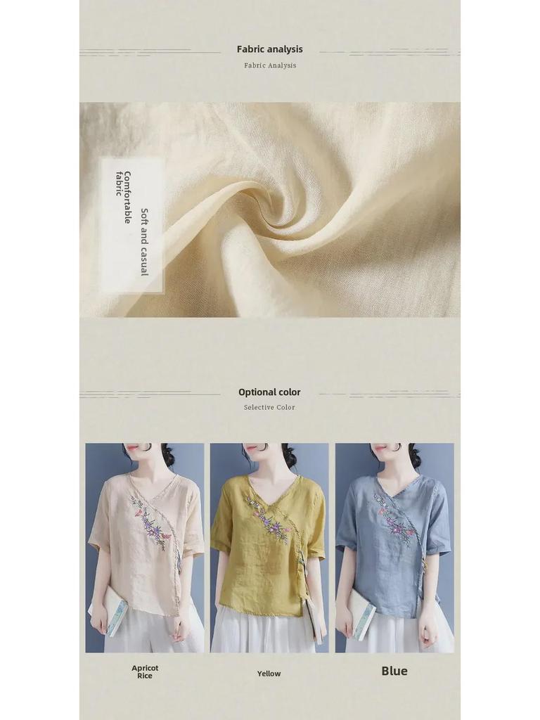 Damen Ethno-Stil Leinen-Baumwoll-Oberteil mit Retro Olivenholzknöpfen, besticktem schrägem Kragen und lockeren Fünf-Punkt-Ärmeln Pullover.