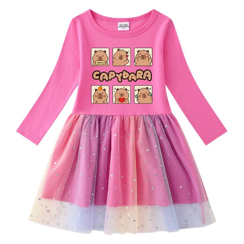 Korean Style Girls' Dress - Stars & Rainbow Sequin Mesh, Short & Long Sleeve Options, Perfect for Spring, Summer, and Autumn
