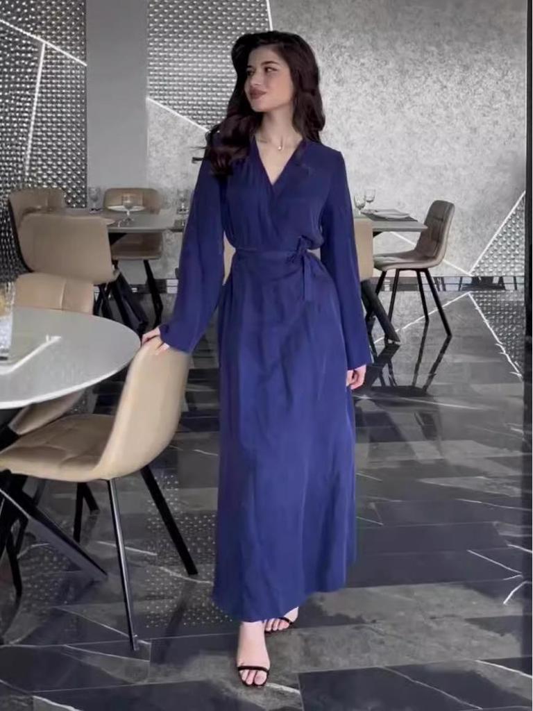 2024 Autumn Women's V-Neck Tie Waist Long Sleeve Midi Dress - Solid Color, European & American Style.