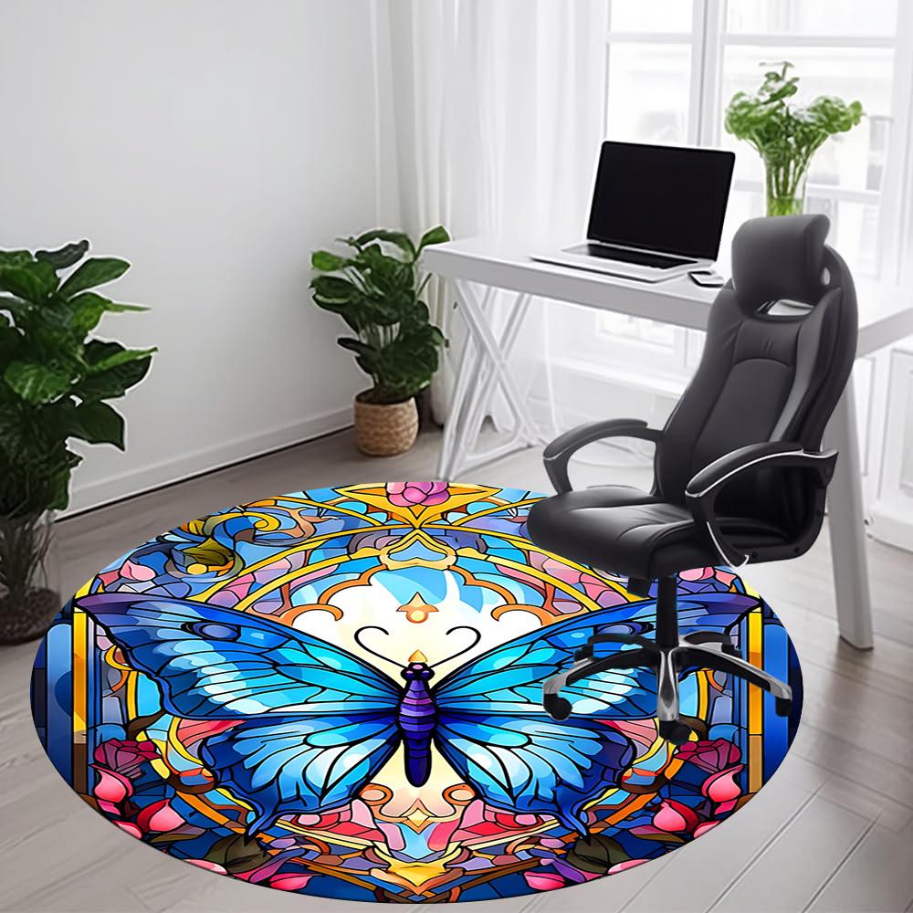 1pc Butterfly StainedGlass Office Round Area Rug, Under Office Chairs Bedroom Living Room Home Decor, Room Deco