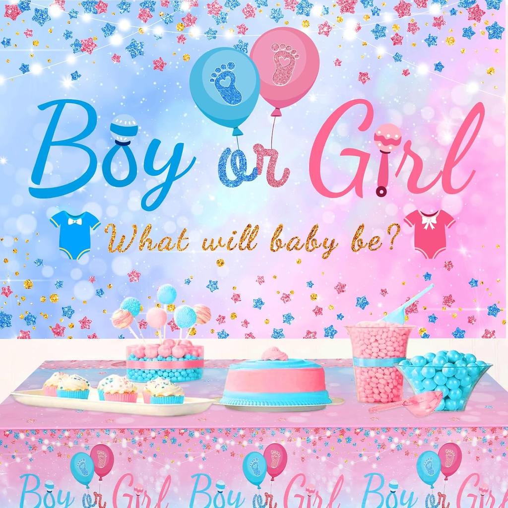 Baby Gender Reveal Party Decorations - Pink Blue Balloon Arch Garland Kits With 4pcs Baby Boxes, Gender Reveal Backdrop and Tablecloths for Baby