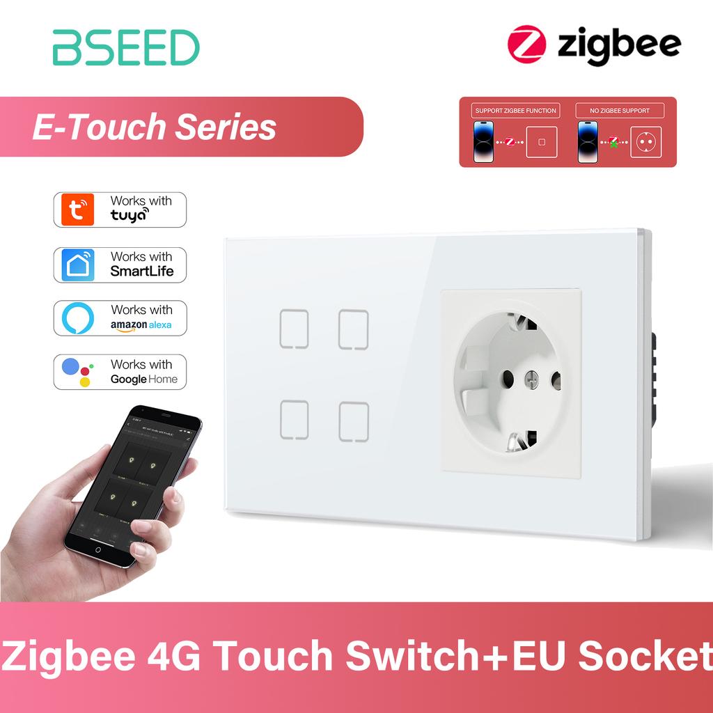 BSEED 1/2/3/4Gang Zigbee Touch Switch Glass with EU Sockets Smart Wall Light Switch Touch Screen Backlight E Series