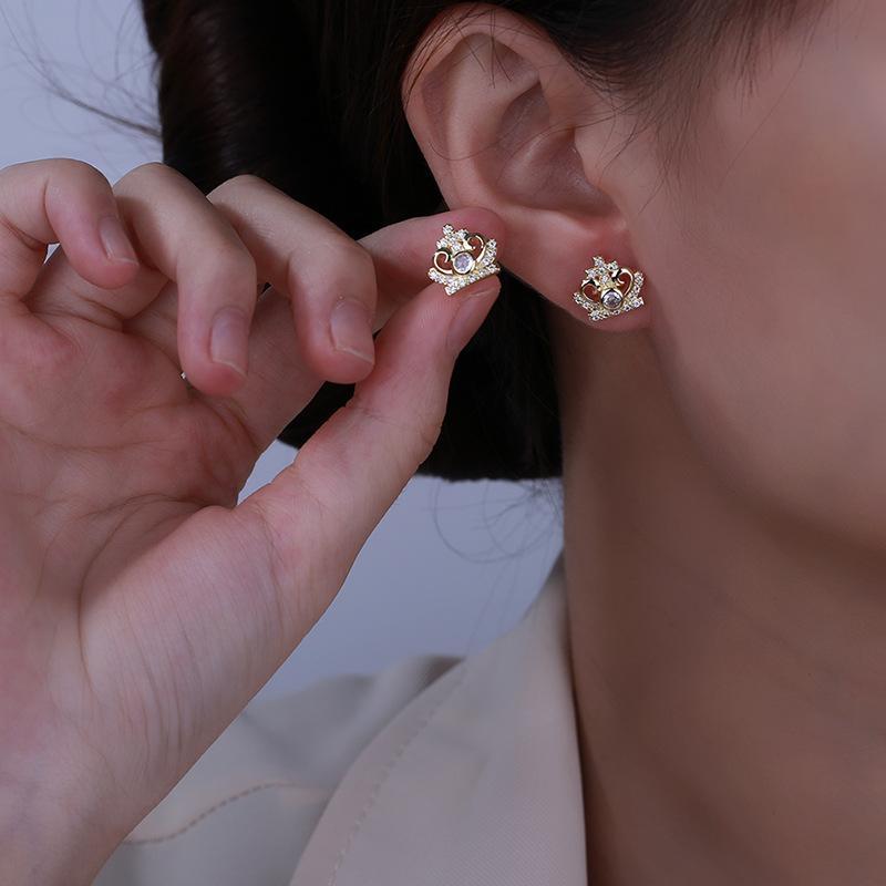 High-end Cross Crown Zircon Earrings Niche Simple and Versatile Temperament Earrings