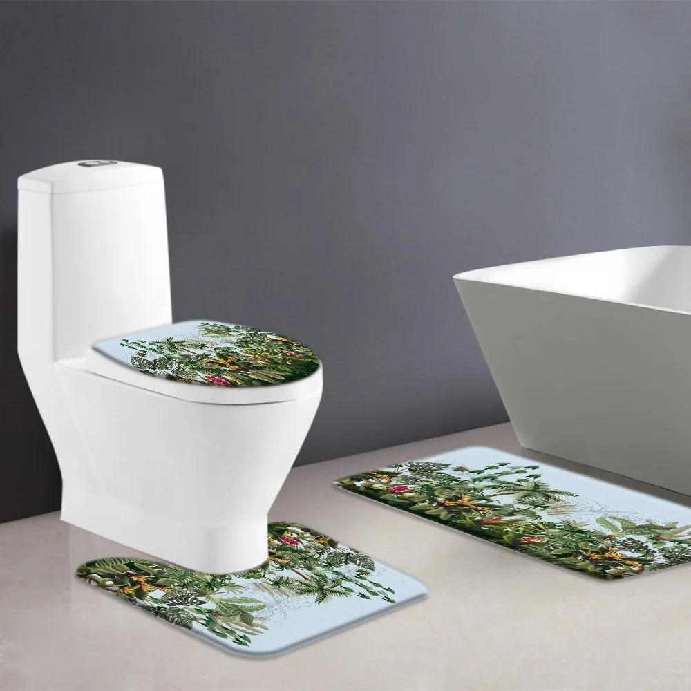 Tende da Doccia con Foglie di Palma Tropicale Set Tappeti Accessori Fiori di Plumeria Rosa Ibisco Floreale Decorazioni Bagno Tropicali Tende Tappetino da Bagno