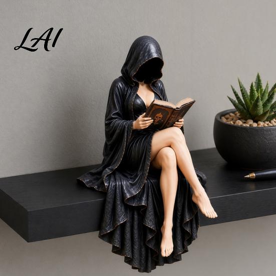 Hooded Skeleton Book Ornament Gothic Reader Statue Resin Figurine Sitting Statue Fantasy Character Holder for Bookshelf Desk Decor Home Library
