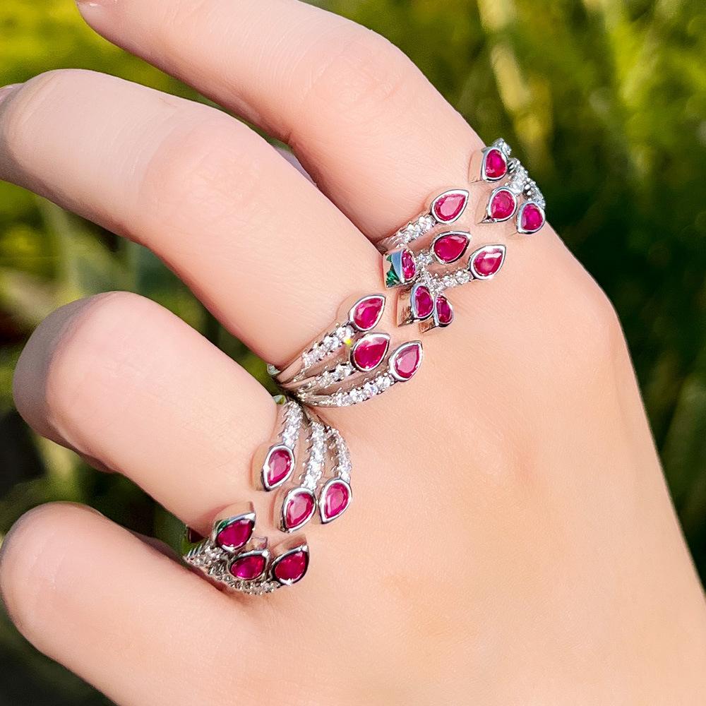 Sweet Water Drop Ruby Ring, Slightly Inlaid Zircon Design, High-End Three-Row Jewelry Ring.