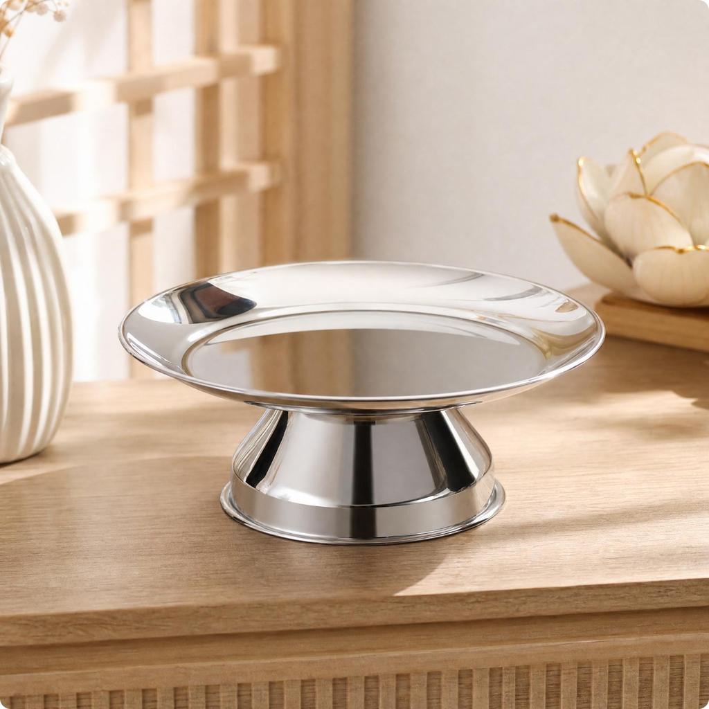 Stainless Steel Offering Tray Silver Round Shallow Plate with Pedestal Base Polished