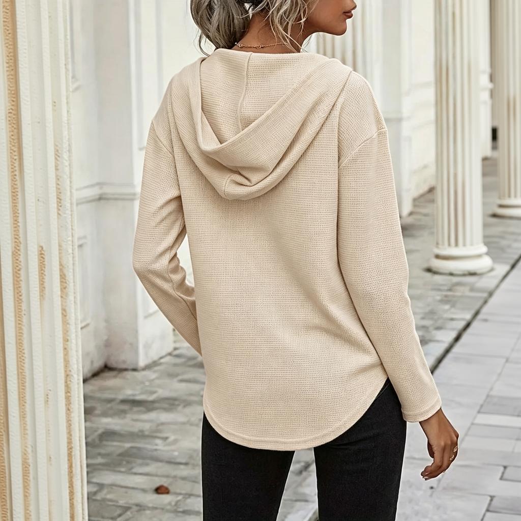Women's V-Neck Long Sleeve Hoodie - Casual Pullover Sweatshirt for Daily Wear