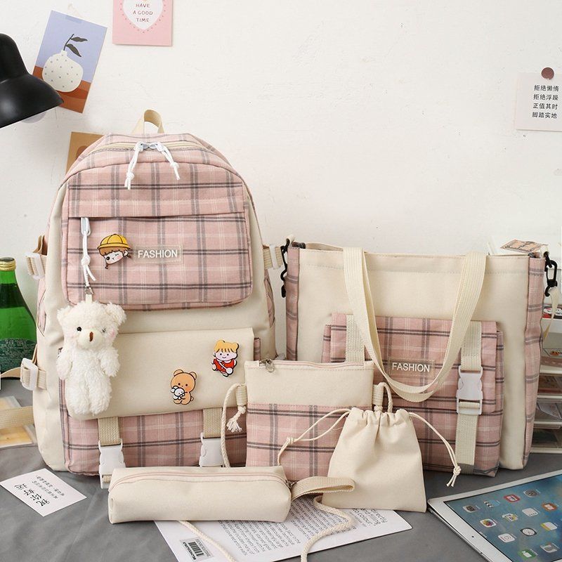 Zaino Zaino scozzese carino per la scuola elementare Zaino trendy da donna in versione coreana Set di cinque pezzi