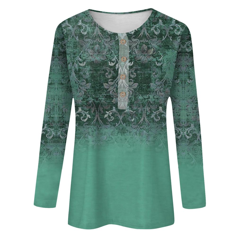 Women's Button Neck Tops Women's Blouses Women's Casual Daily Tops Long Sleeve V Neck Fashion Print Shirt Tops T Shirt Pullover Tops
