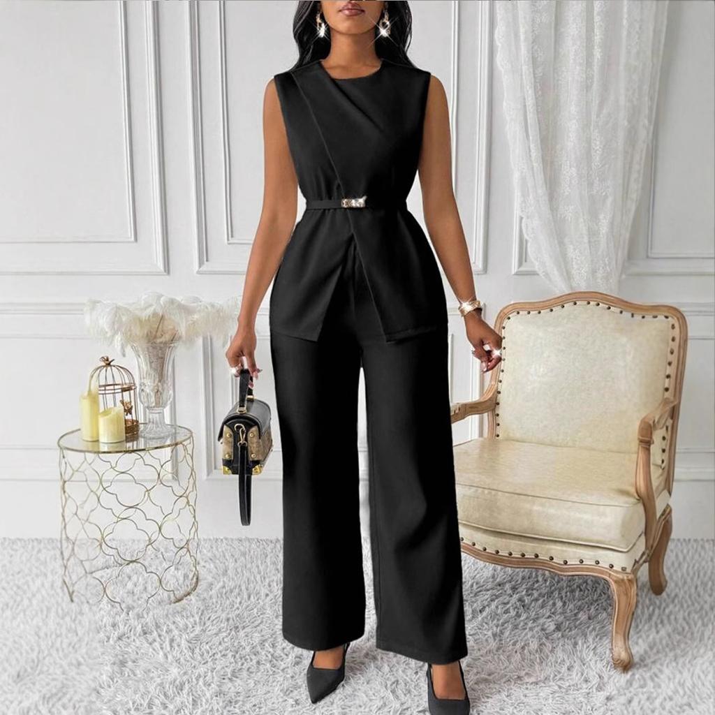 1116 spring and summer new European and American women's clothing solid color top sleeveless belt two-piece set trousers casual suit