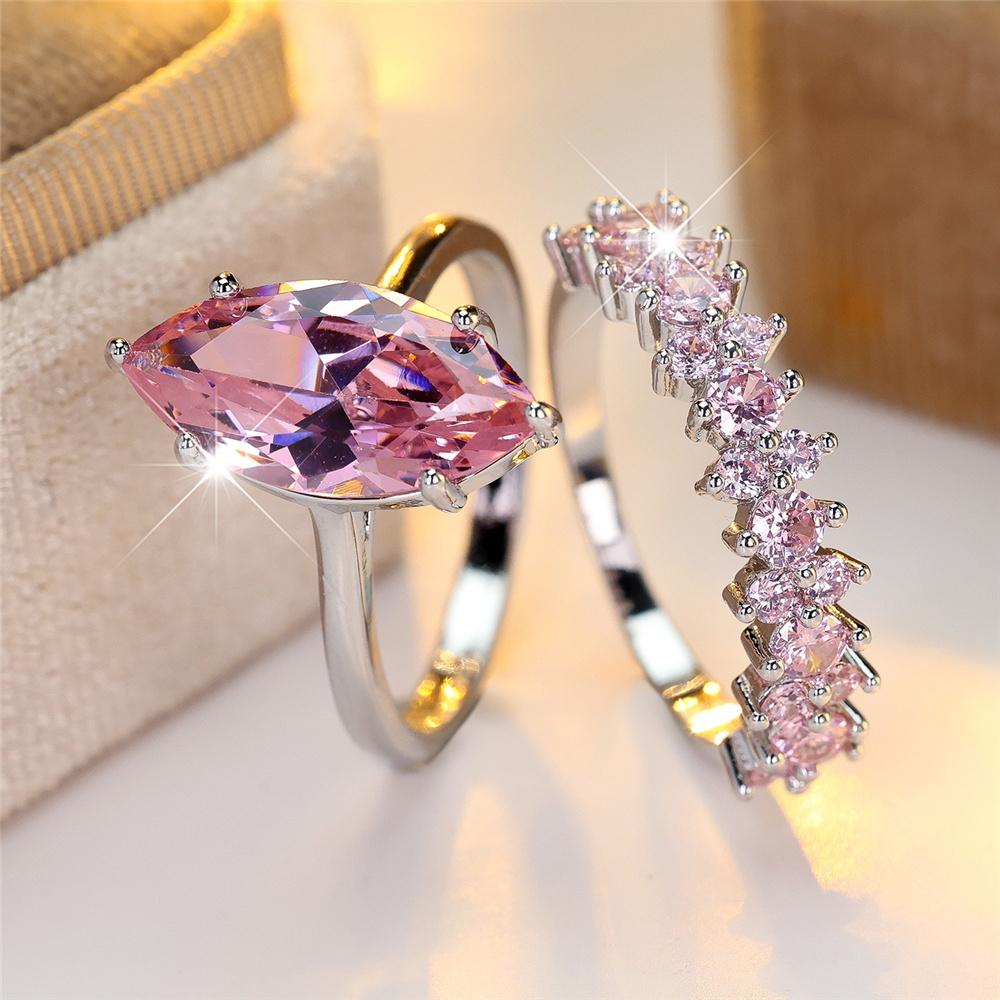 Female Pink Zircon Stone Engagement Ring Set Vintage CopperColor Bridal Wedding Bands Party Jewelry For Women
