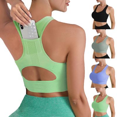Summer Vest Pocket Shockproof Bra Running Fitness Solid Color Sleeveless Sports Top