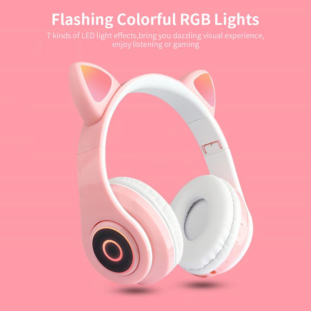 B39 Cute Cat Ear Headset Wireless BT5.0 Foldable Gaming Headphone with Flash RGB Lights Earphone TF