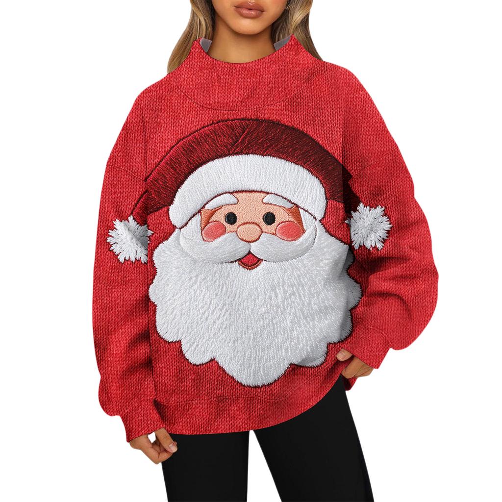 Ladies' Fashionable Christmas Printed Long Sleeved High Neck Sweatshirt Top