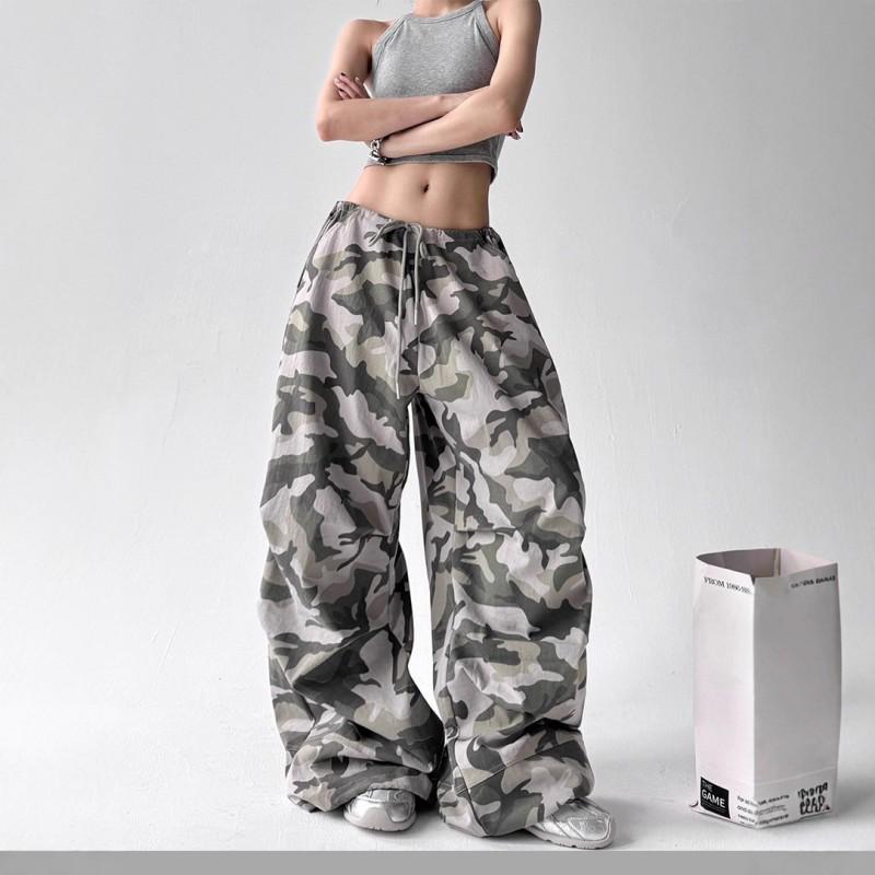 Womens Vintage Camo Cargo Pants High Waist Loose Wide Leg Casual Trousers