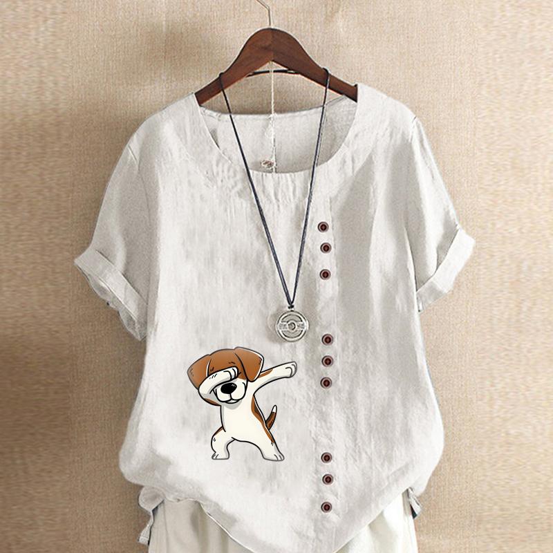 Women's Fashion Round Neck Short Sleeve T-shirt Casual Cotton Linen Graphic Shirt Lovely Dog Prined Summer Blouse Tops Plus Size