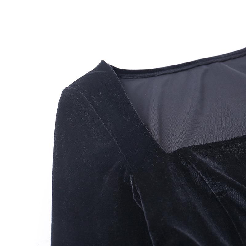 Autumn Solid Color Velvet Dress 96233 Sexy Wild Wind Round Neck Split Skirt