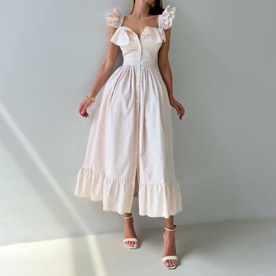 Casual Striped Ruffled Button Square Collar Sleeveless Dress