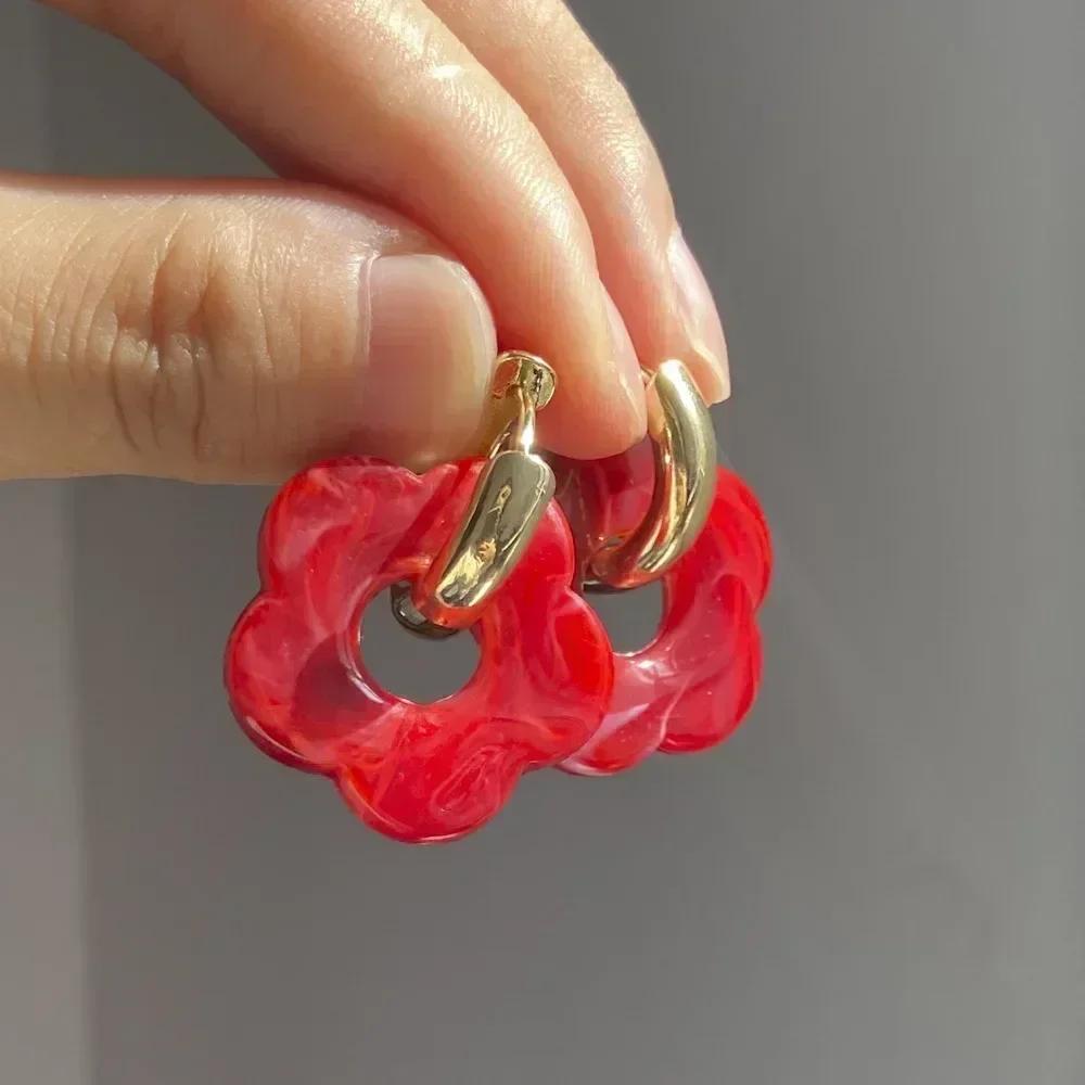 Candy Color Fashion Girl's Transparent Acrylic Resin Marbling Flower Earrings Gold Color Hoop Earings Jewelry Accessories Gifts