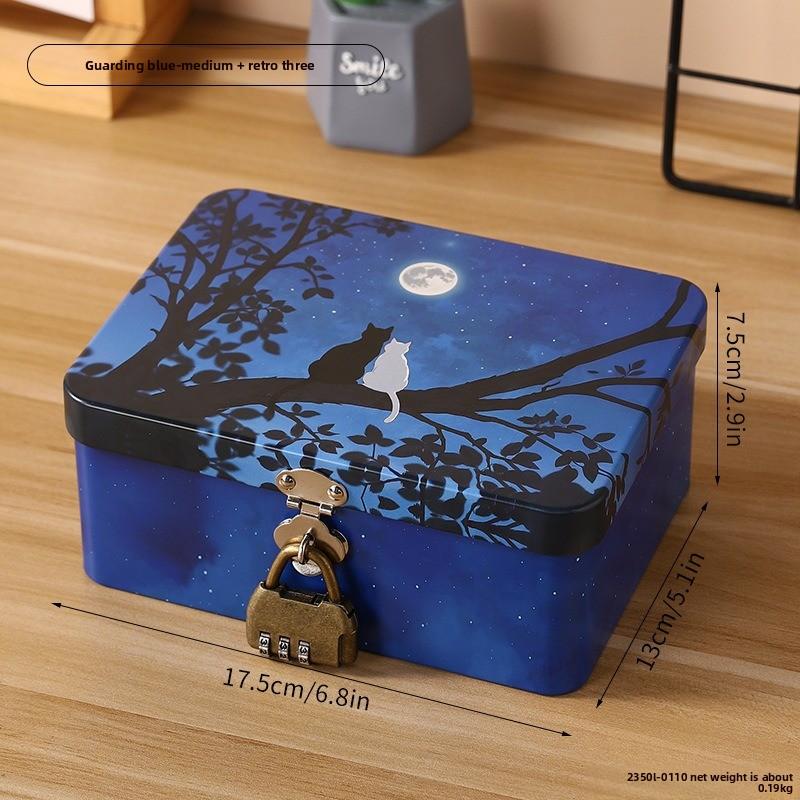 Retro Tinplate Box with Lock Key, Desktop Storage Box, Cosmetics, ID Storage, Household Jewelry Empty Box.